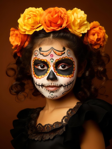 kid in Day of the Dead makeup with playful emotional dynamic pose