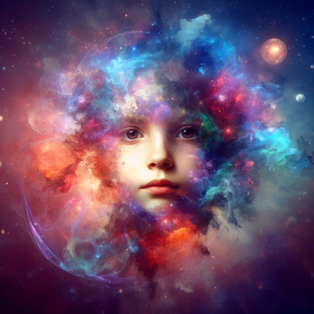 kid double exposure with a colorful digital paint splash or space nebula ai generative