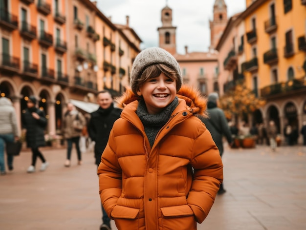 Kid enjoys a leisurely stroll through the vibrant city streets