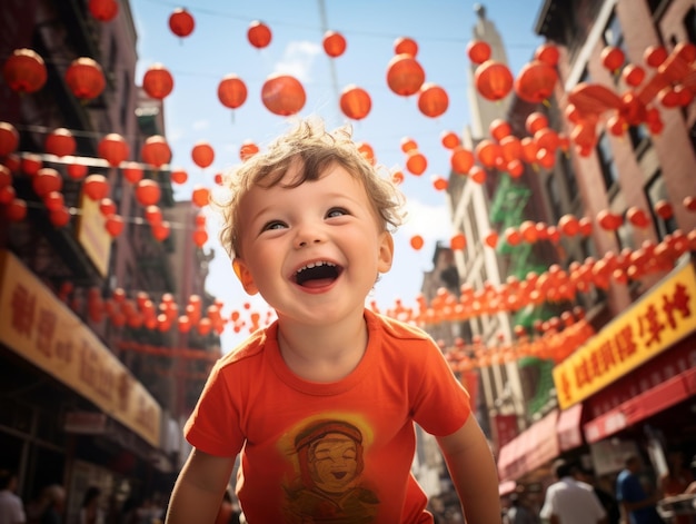 Kid enjoys a leisurely stroll through the vibrant city streets