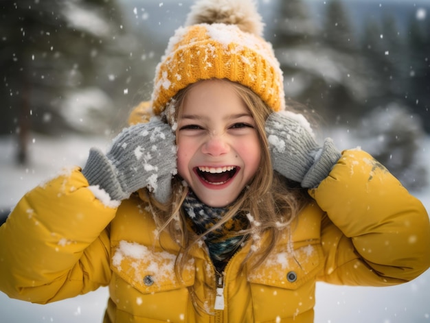 kid enjoys the winter snowy day in playful pose