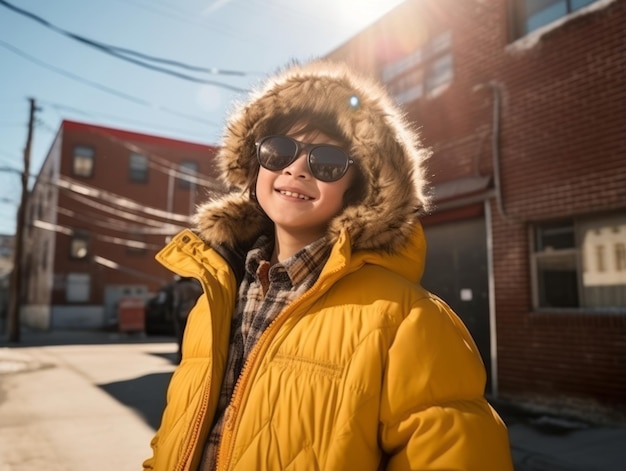 kid enjoys the winter snowy day in playful pose