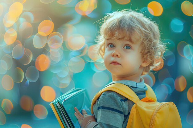 Photo kid from preschool kindergarten with book and school bag