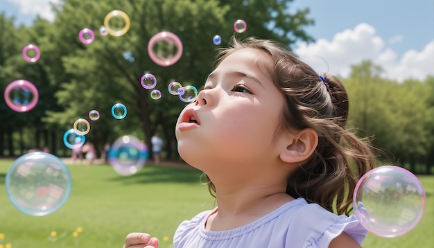 Kid girl blowing bubbles