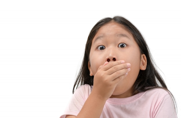 Kid girl covering her mouth isolated 