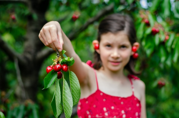 Kid girl offering cherries picked from the tree behind her