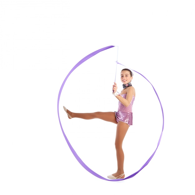 Kid girl ribbon rhythmic gymnastics exercise