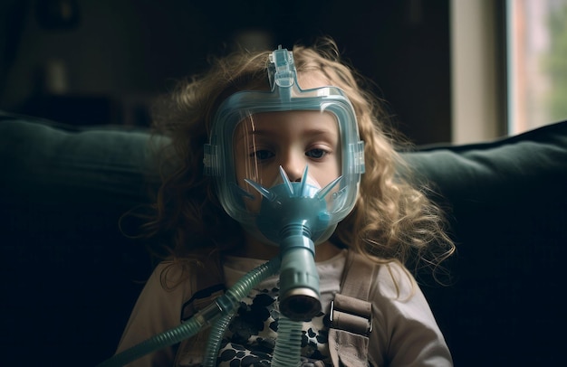 Kid girl wearing nebulizer Cough therapy Generate Ai