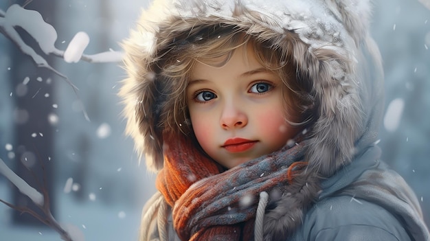 kid girl in winter time with snowfall