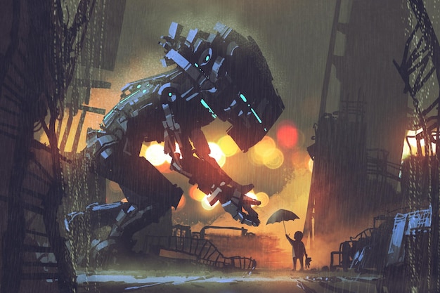 kid giving umbrella to giant robot in the rainy night,illustration painting