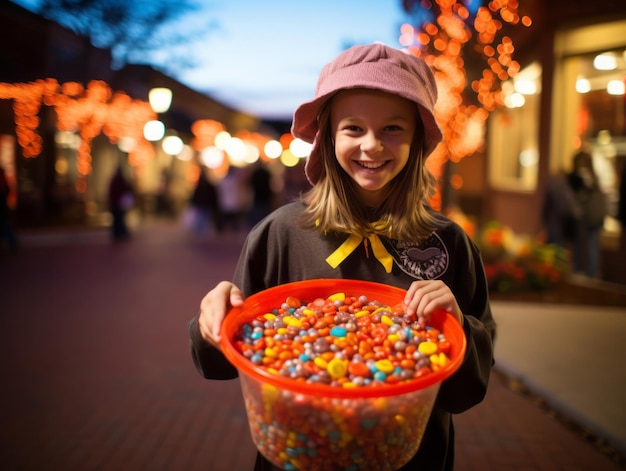 Kid in Halloween costume holding a bowl of candy with mischievous grin