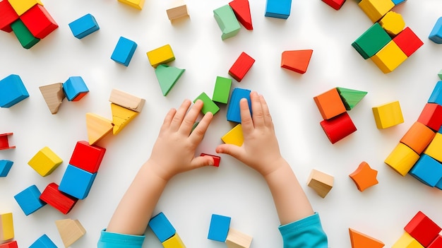 Kid hands playing with colorful wooden building blocks White background Montessori education