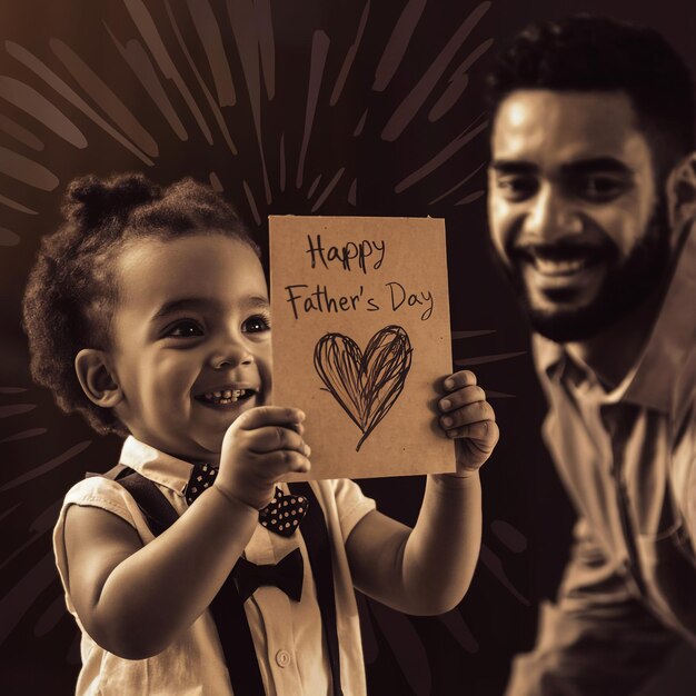 Kid holding surprise greeting card happy fathers day