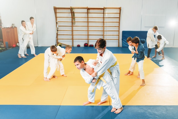 Kid judo, childrens training martial art, self-defense. Little boys in uniform in sport gym, young fighters