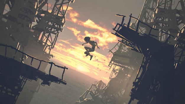 A kid jumping from the ruins of a building against the sunset scene digital art style illustration painting