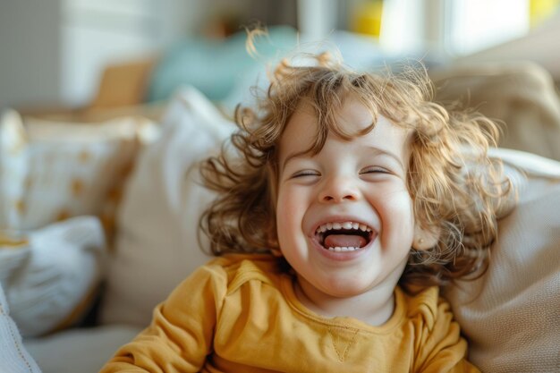 Photo kid laughing happily at home on sofa relax blurred bright apartment background