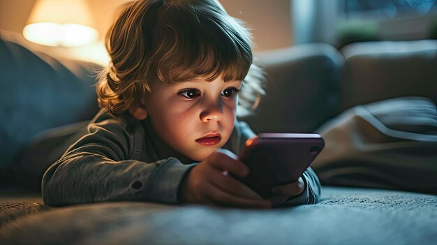 kid lying on a couch and using a smartphone child with gadget