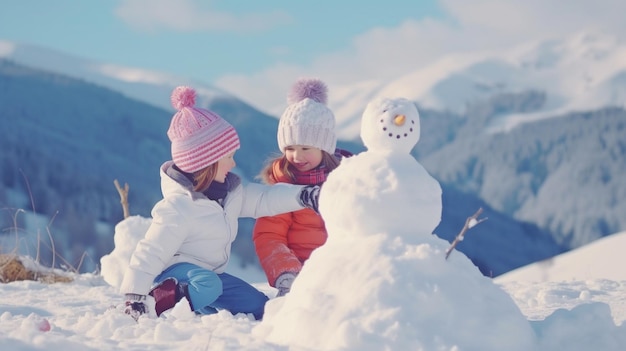 A kid making a snowman a kid making a snowman Outdoor family pleasure over the Christmas holidays in the mountains with boys and girls playing in the snow GENERATE AI