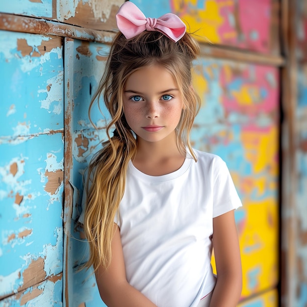 Kid Mockup Model Pink Shirt Pink Bella Canvas 3001T Kid Mockup