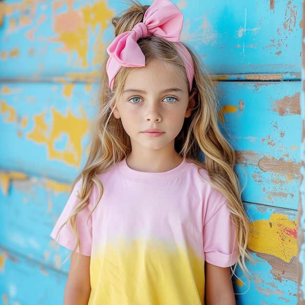 Photo kid mockup model pink shirt pink bella canvas 3001t kid mockup