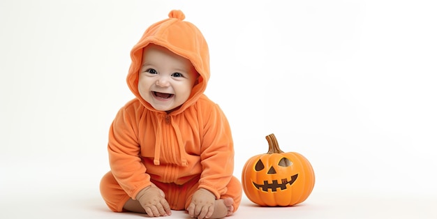 Kid in orange pumpkin suit on white background with pumpkins