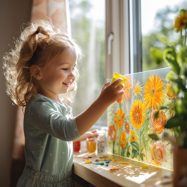 Kid painting rainbow during at home ai generated