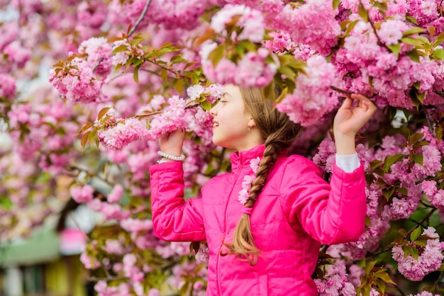 Kid on pink flowers of sakura tree background Kid enjoying pink cherry blossom Tender bloom Pink is the most girlish color Bright and vibrant Pink is my favorite Little girl enjoy spring