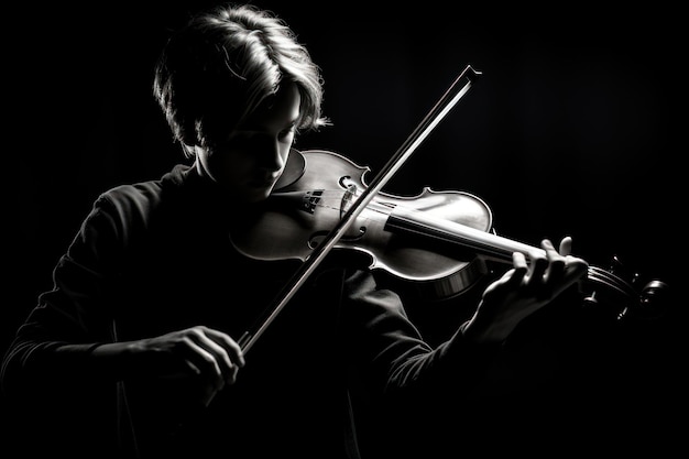 Photo kid playing violin monochrome black concentration