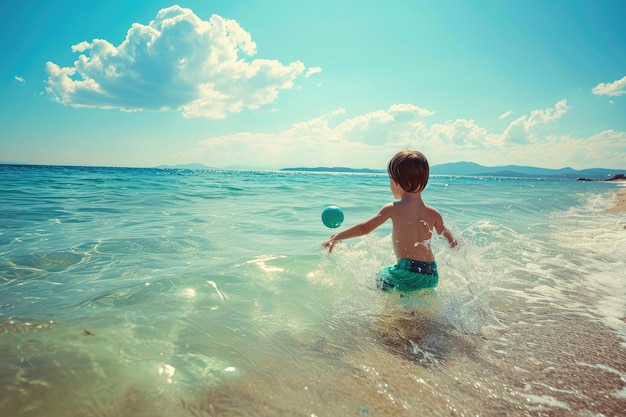 Kid playing with ball in the sea on summer vacation