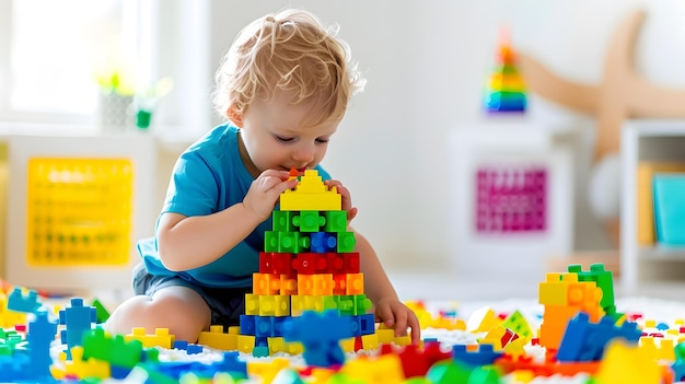 Kid playing with colorful toy blocks Little boy building tower of block toys Educati Generative AI