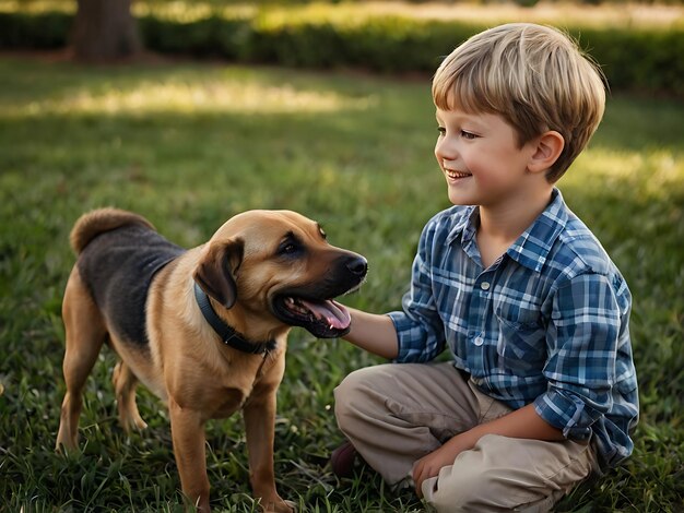 Photo kid playing with dog