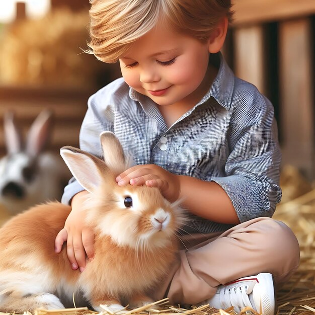 Photo kid playing with rabbit