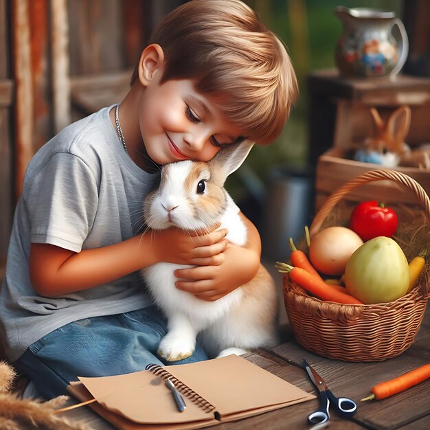 Photo kid playing with rabbit