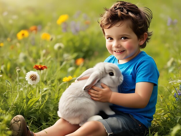 Photo kid playing with rabbit