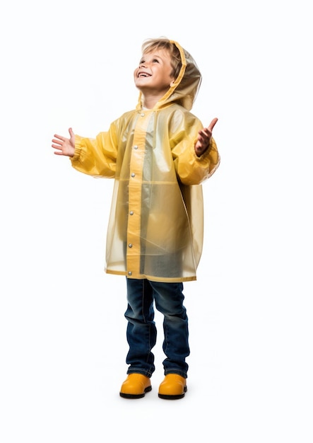 Photo kid in raincoat looking white background architecture