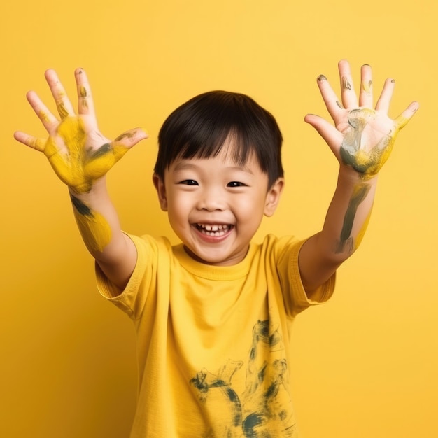 Kid raise his painted hands