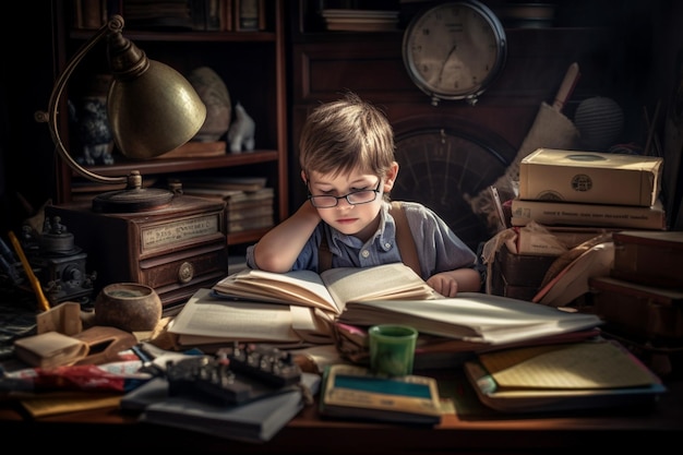 A kid reading a book in the store at the table