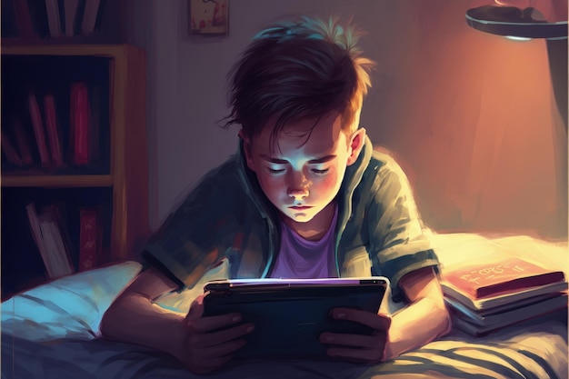 Kid reading tablet in bedroom with mysterious presence under bed Fantasy concept Illustration painting Generative AI