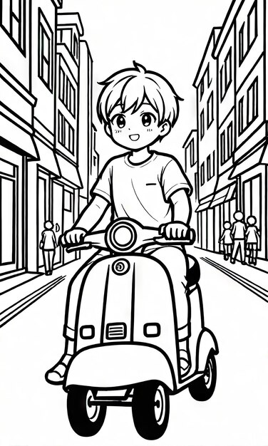 Kid Riding Scooter AICreated Coloring Page for Busy Street Adventure