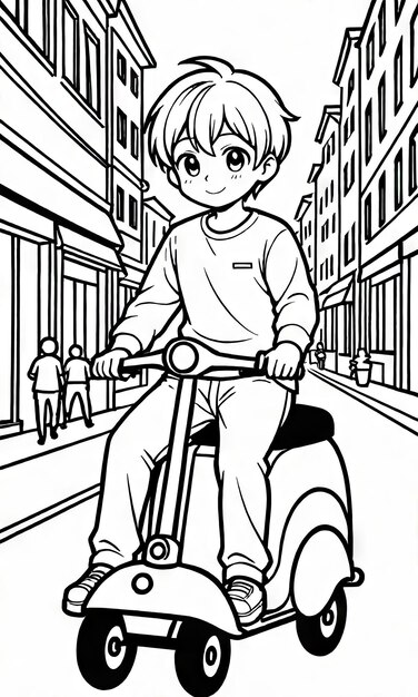 Kid Riding Scooter AICreated Coloring Page for Busy Street Adventure