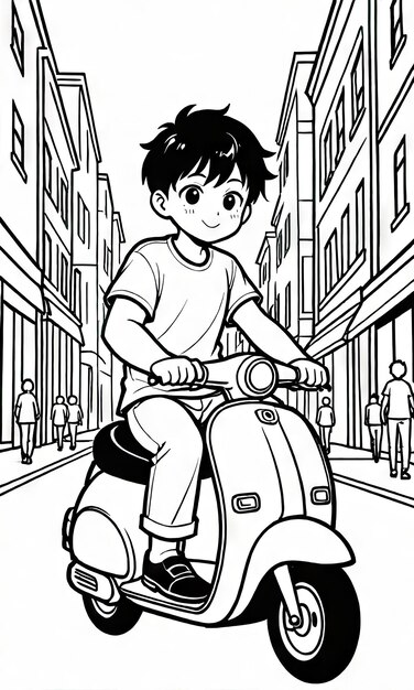 Kid Riding Scooter AICreated Coloring Page for Busy Street Adventure