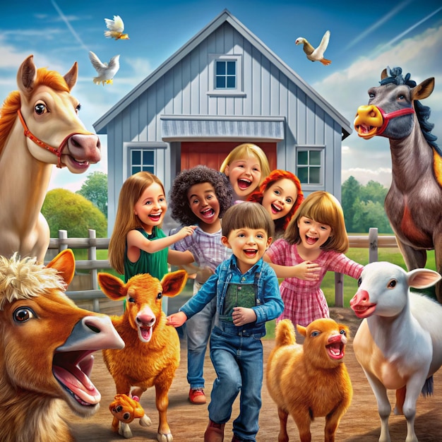 Photo kid s day at the farm children s book illustration featuring happy kids having fun among farm anima