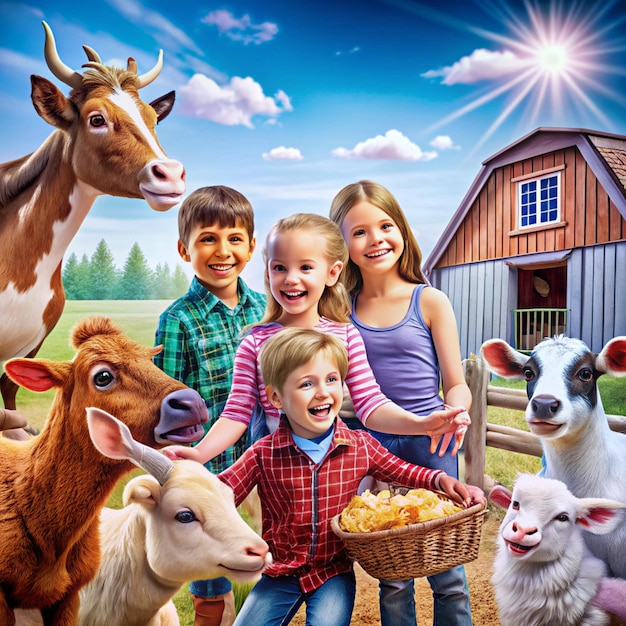 Photo kid s day at the farm children s book illustration featuring happy kids having fun among farm anima