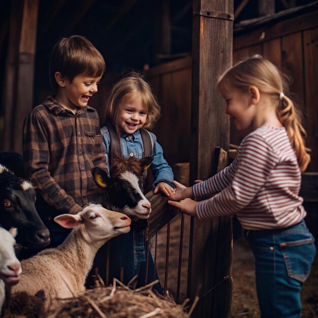 Photo kid s day at the farm children s book illustration featuring happy kids having fun among farm anima