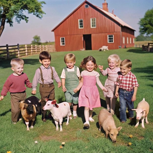 Kid s day at the farm Children s book illustration featuring happy kids having fun among farm anima