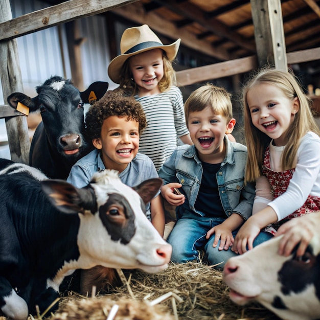 Photo kid s day at the farm children s book illustration featuring happy kids having fun among farm anima