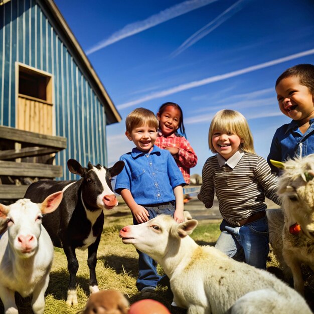 Kid s day at the farm Children s book illustration featuring happy kids having fun among farm anima