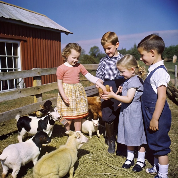 Kid s day at the farm Children s book illustration featuring happy kids having fun among farm anima