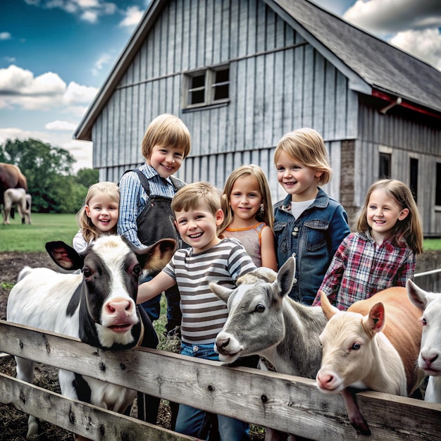 Kid s day at the farm Children s book illustration featuring happy kids having fun among farm anima