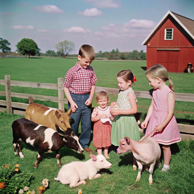 Kid s day at the farm Children s book illustration featuring happy kids having fun among farm anima